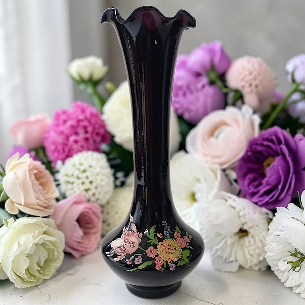 Vintage Black Amethyst Glass Bud Vase Floral Ruffled Fluted Top Edge‎ Victorian